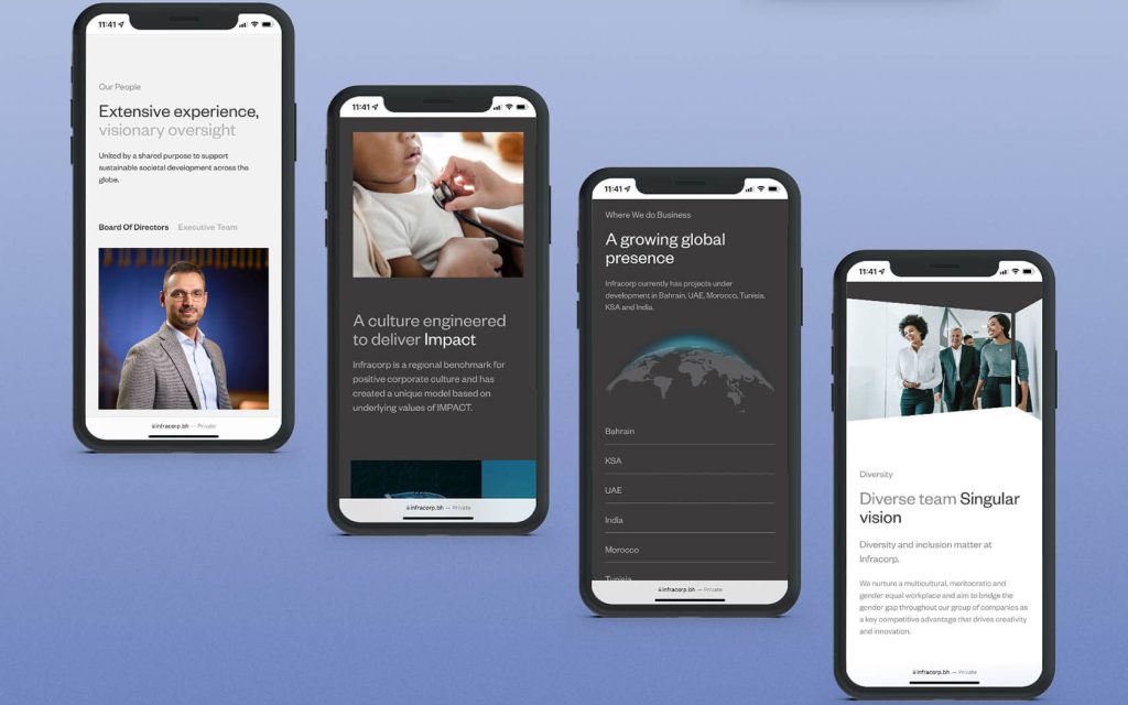 Infracorp Website in mobile version with different pages style