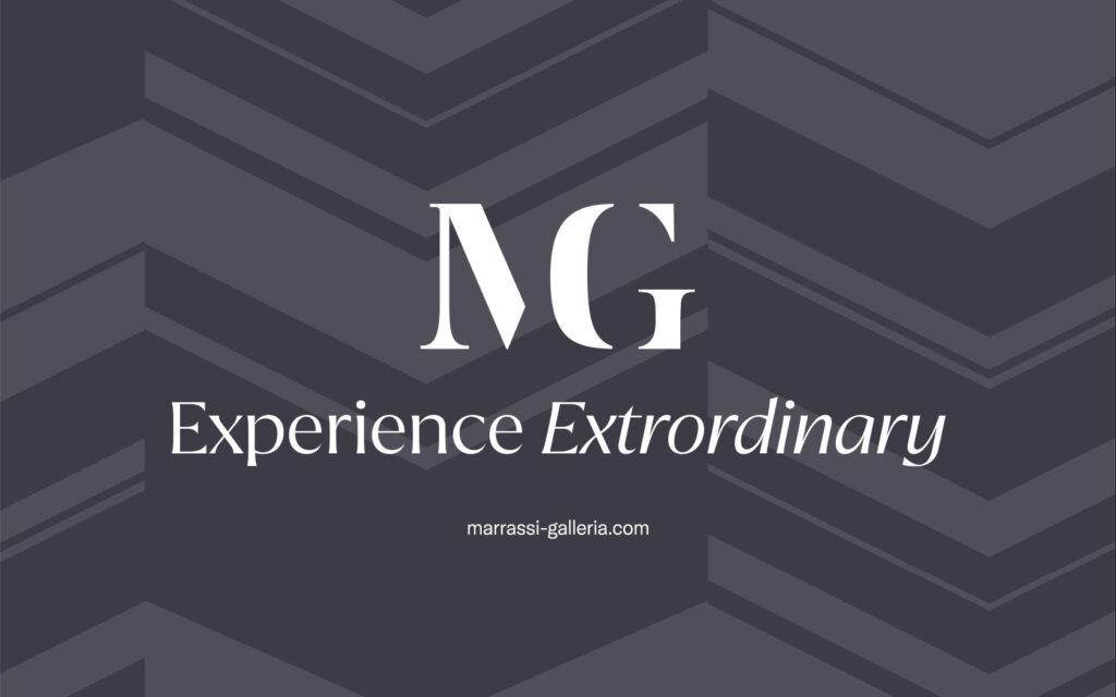 Marassi Galleria. Brand log and slogan in white