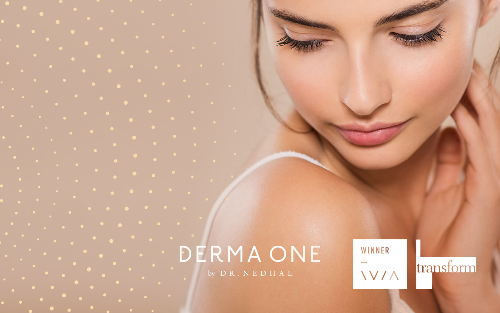 Derma One. Brand logo in white with lady model image