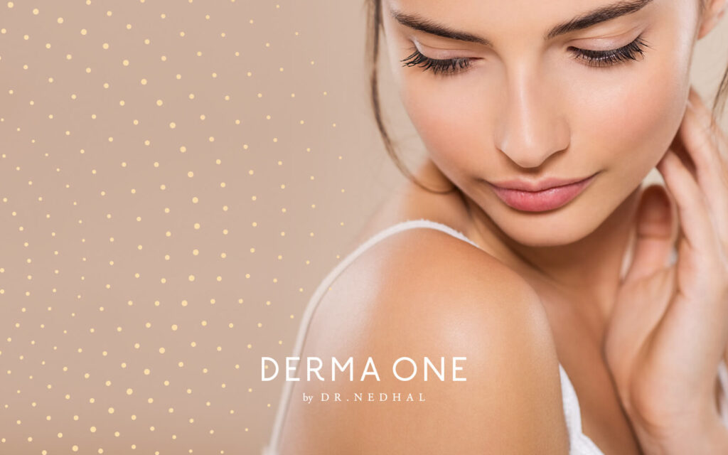 Derma One. Brand logo in white with lady model image