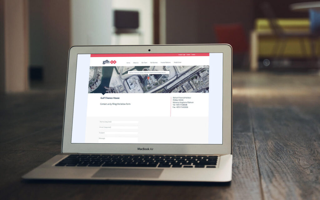 GFH Website. Footer with location map in laptop browser