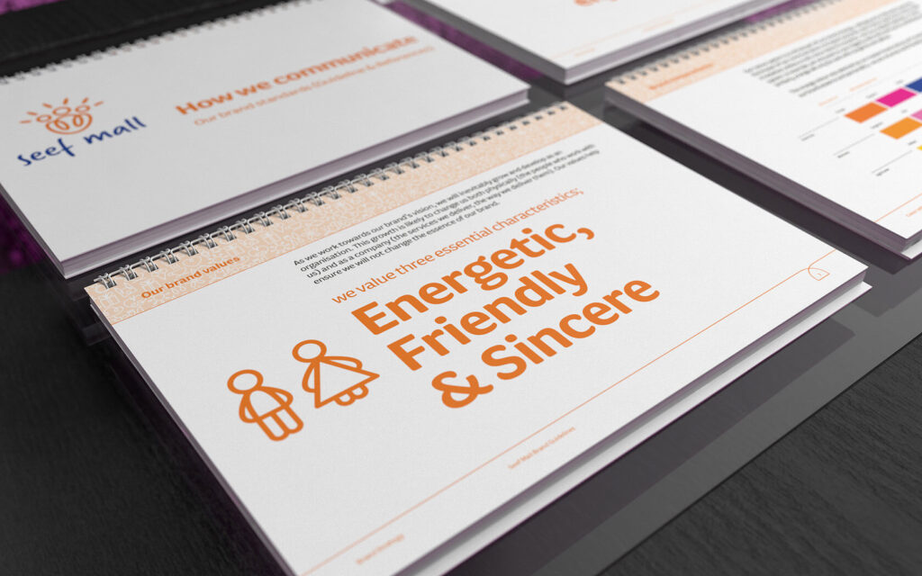 Seef Mall. Brand Guidelines with brand values spread