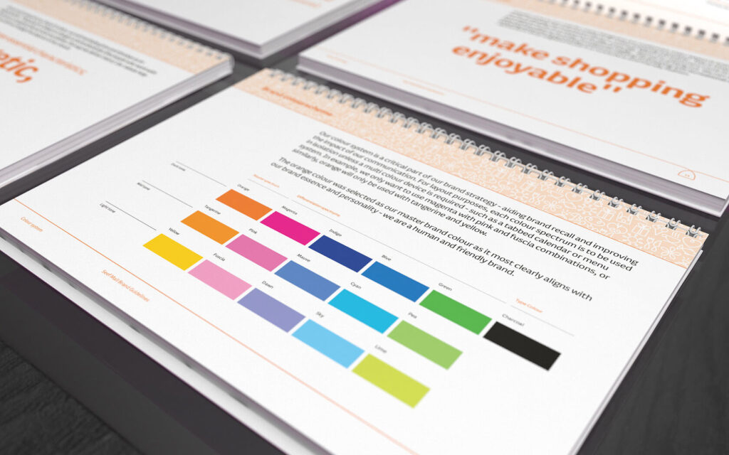 Seef Mall. Brand Guidelines with brand colours spread