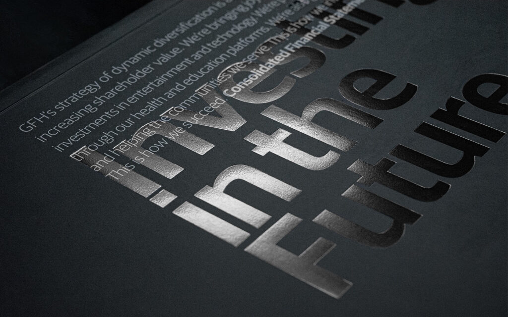 Foil on black cover for GFH Annual Report 2018