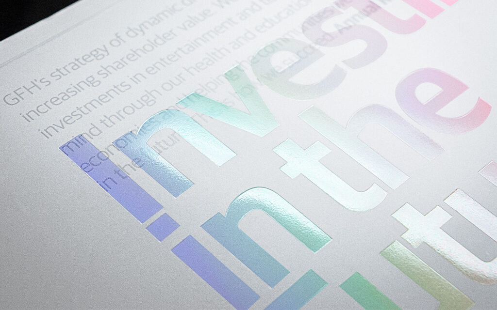 Foil on white cover for GFH Annual Report 2018