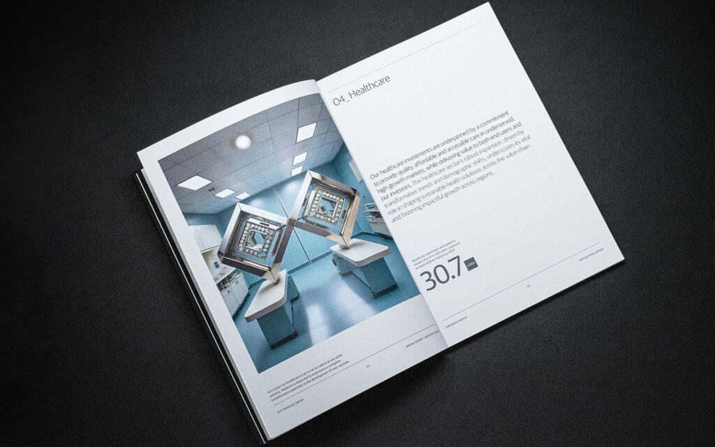 Healthcare spread for GFH Annual Report 2023.