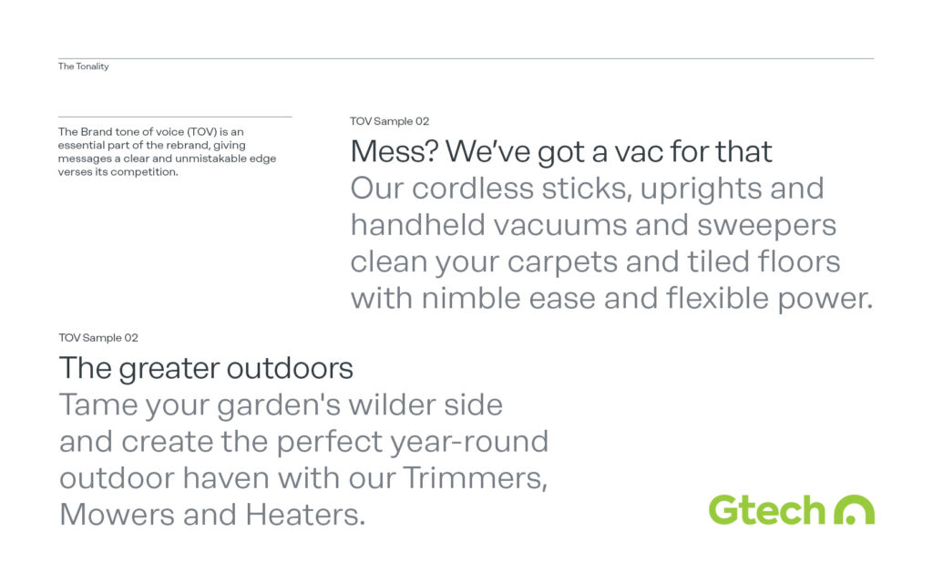 Tone of Voice examples for Gtech Brand.