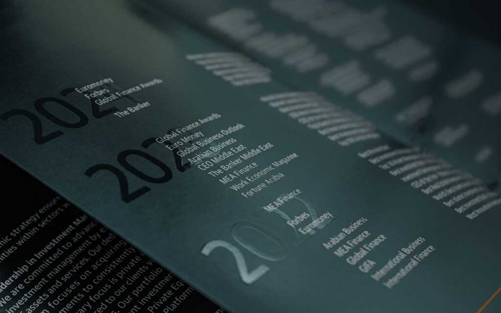 Annual Report Achievements spread with special UV treatment on Large Number for GFH Annual Report 2024.