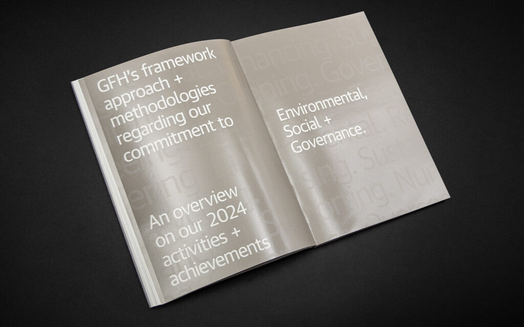 Annual Report inside ESG spread with print and special UV treatment for GFH Annual Report 2024.