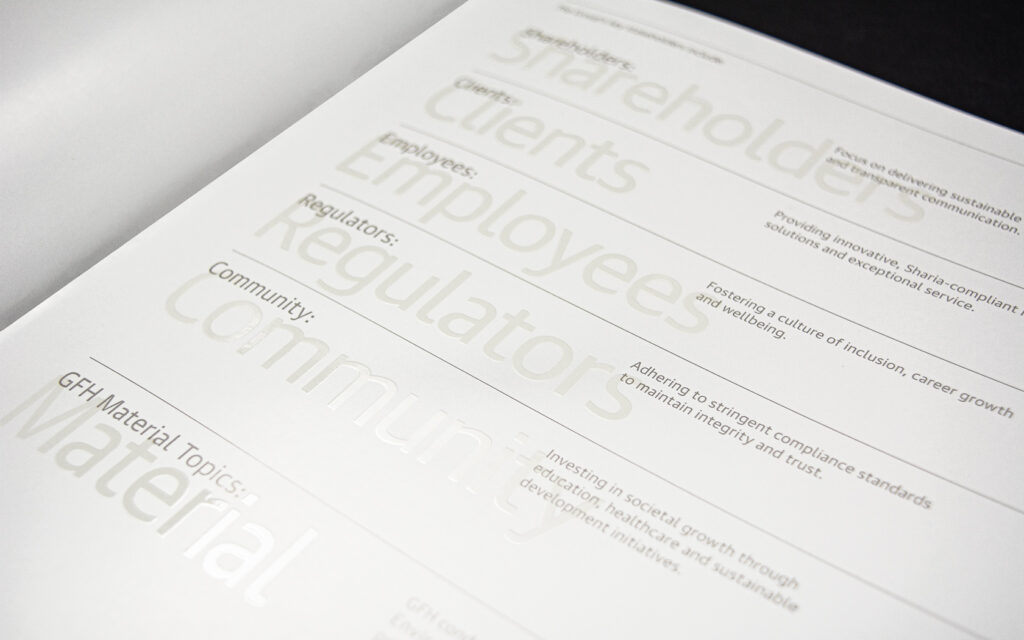Annual Report inside ESG spread with print and special UV treatment on Large Text for GFH Annual Report 2024