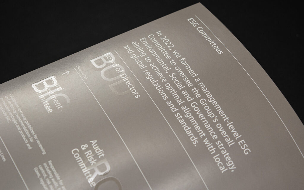 Annual Report inside ESG spread with print and special UV treatment for GFH Annual Report 2024.