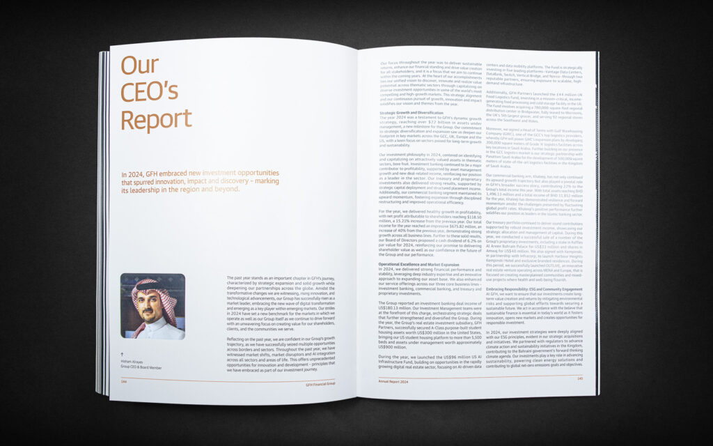 Annual Report inside CEO's Report spread with special print for GFH Annual Report 2024.