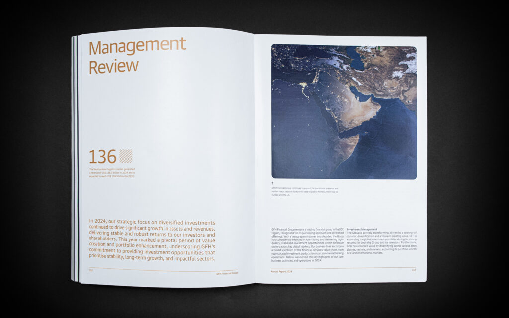 Annual Report inside spread with special print treatment for GFH Annual Report 2024.