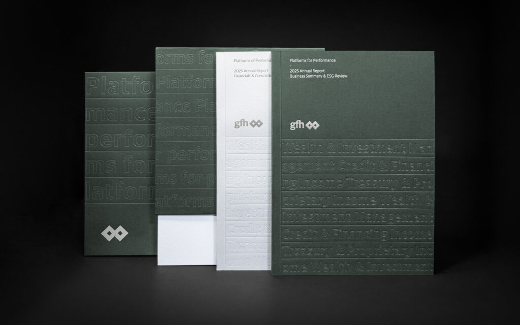 Annual Reports Packaging with transparent foil treatment for GFH Annual Report 2025.
