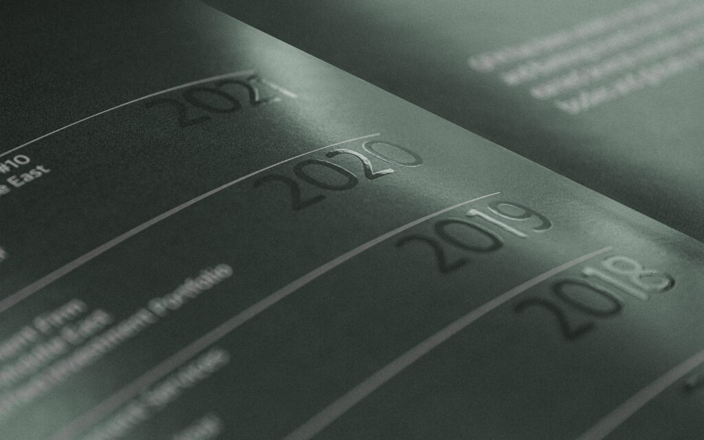 Annual Report inside spread with special UV print treatment for GFH Annual Report 2025.