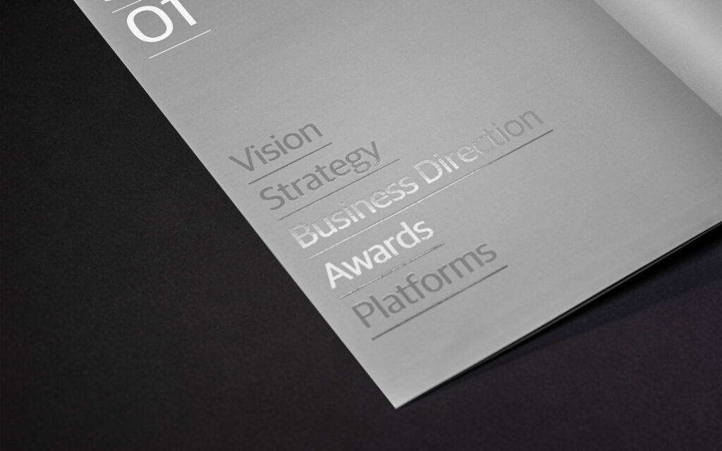 Annual Report inside spread with special UV print treatment for GFH Annual Report 2025.