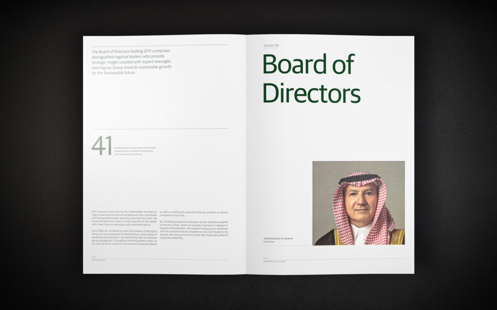 Annual Report inside spread with special print treatment for GFH Annual Report 2025.