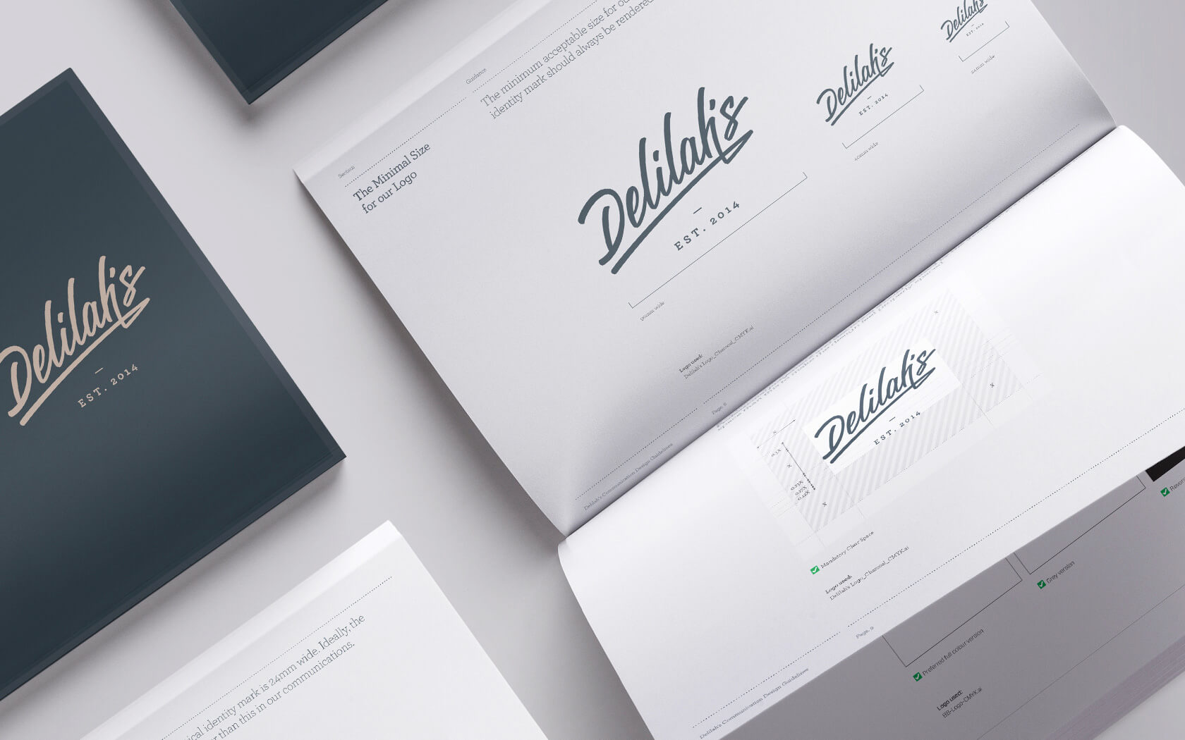 Delilah’s. Brand guideline minimal size logo and clear space spread