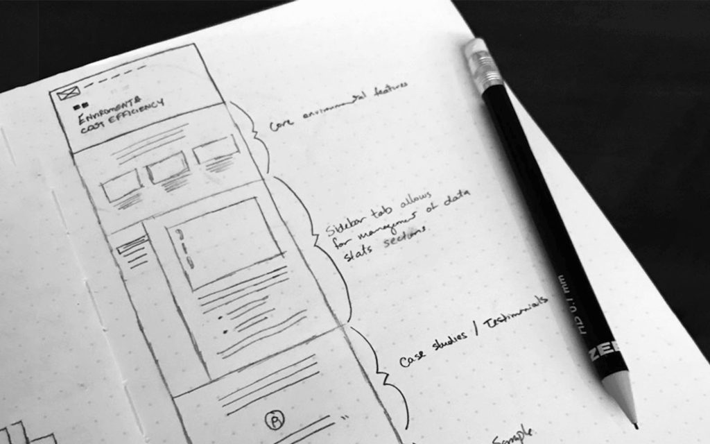Unisono. Website Wireframe sketch with pencil