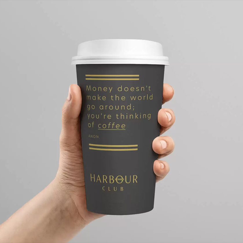 Harbour Club. Branded takeaway coffee cup