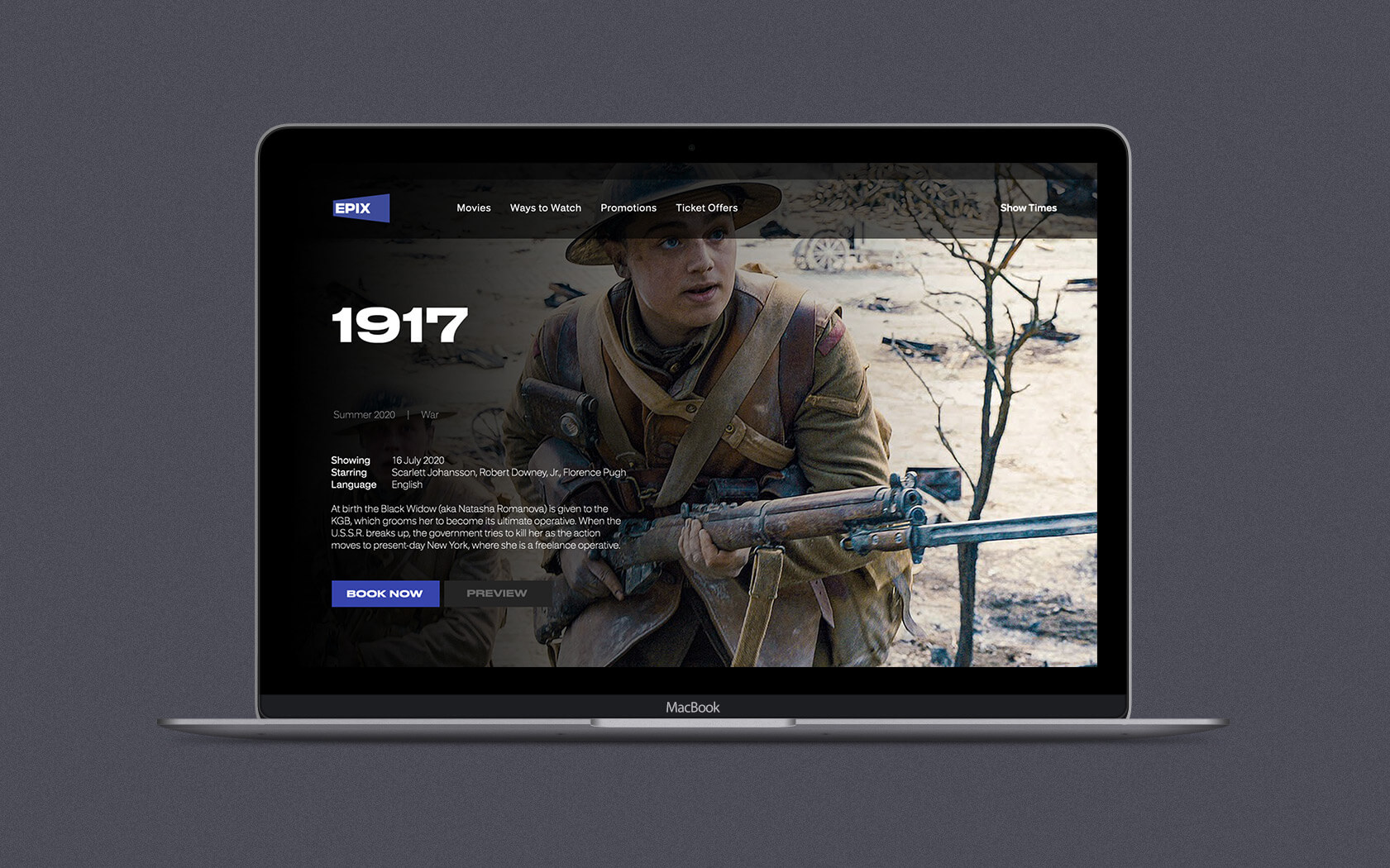Epix. Website homepage with red brand blue