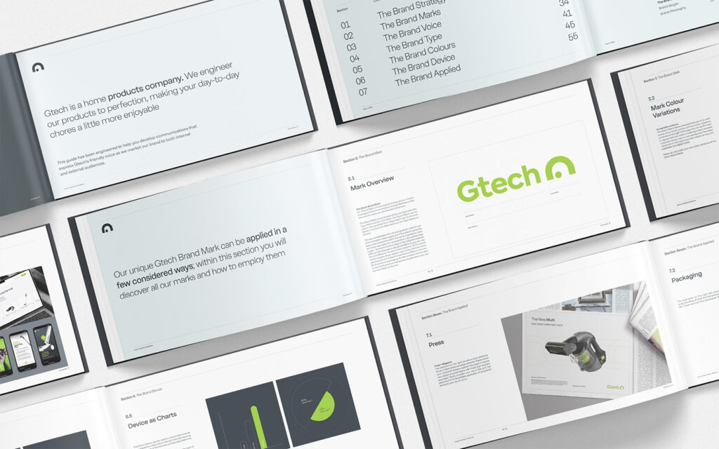 Brand Guideline spreads for Gtech Brand.