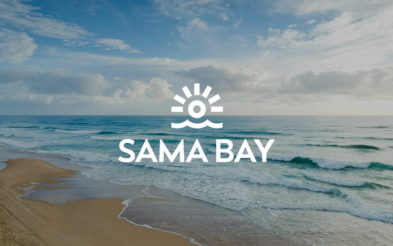 Brand logo in white with beach image for Sama Bay Brand