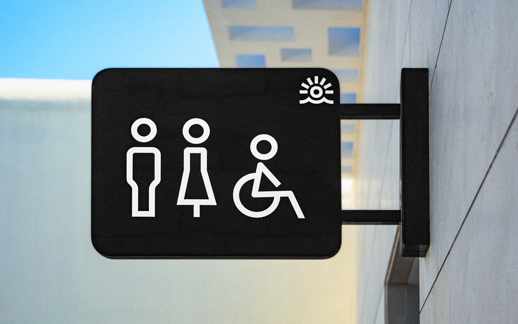 Toilet room entrance sign with Brand icon for Sama Bay.