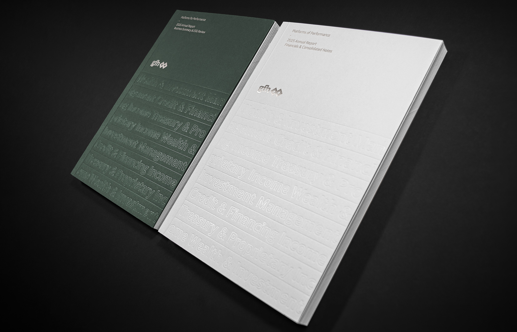 Annual Reports with transparent and Rose Silver foil treatment for GFH Annual Report 2025.