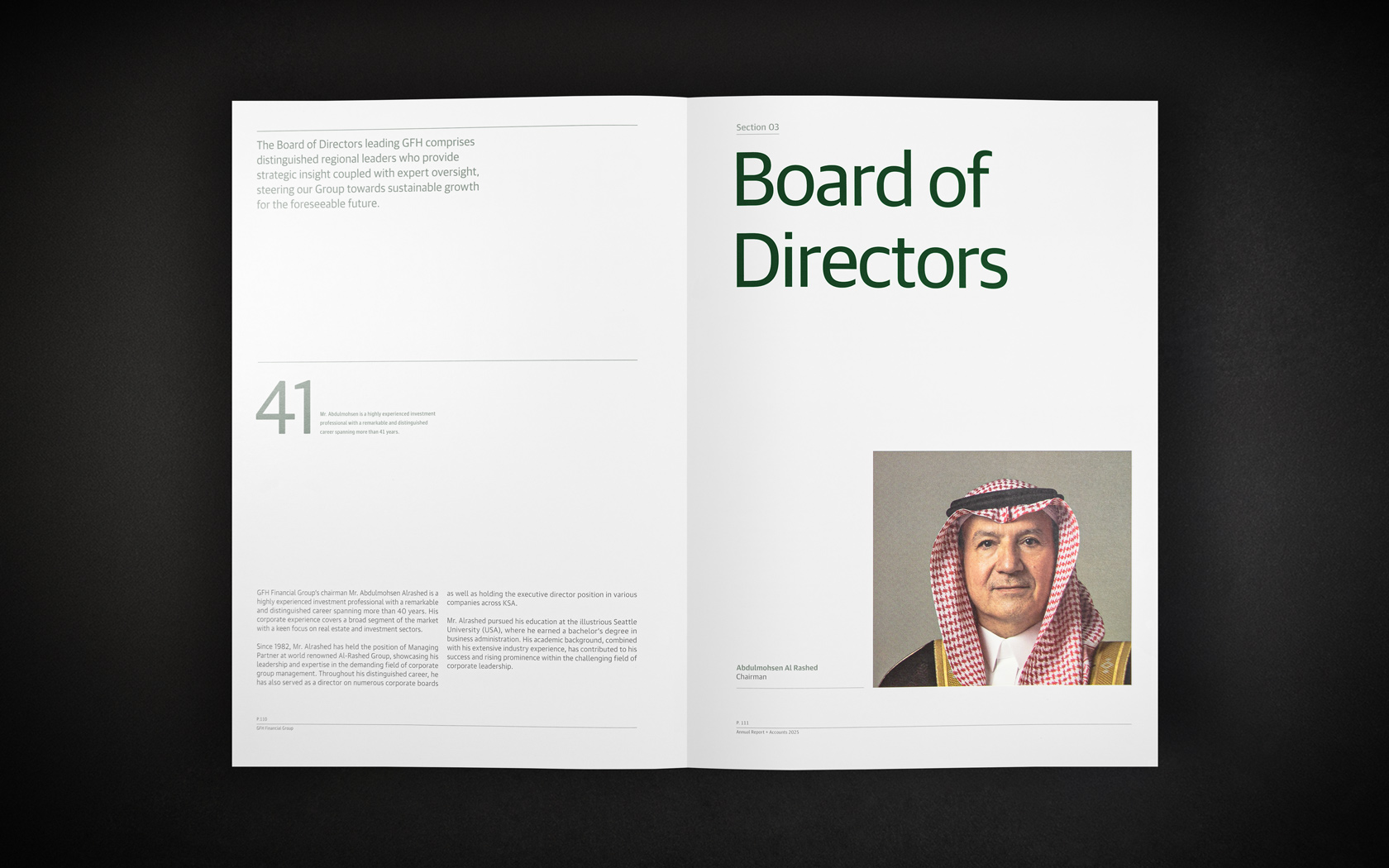 Annual Report inside spread with special print treatment for GFH Annual Report 2025.