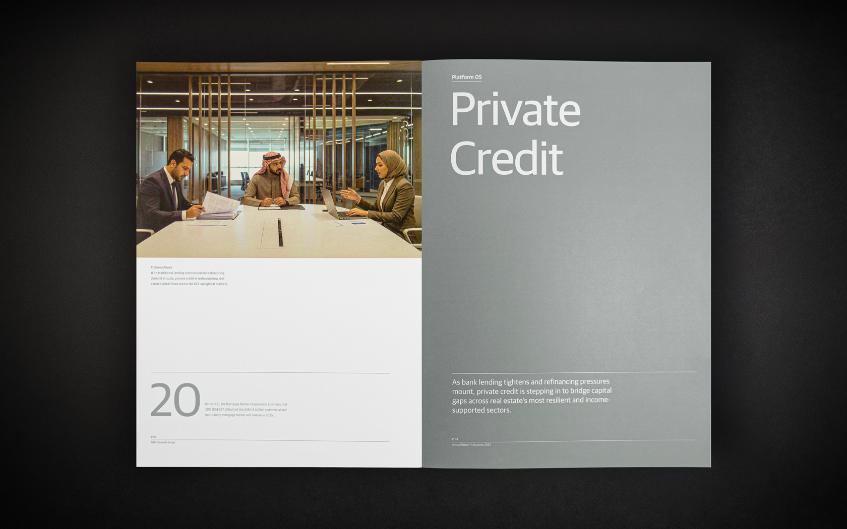 Annual Report inside spread with special print treatment for GFH Annual Report 2025.