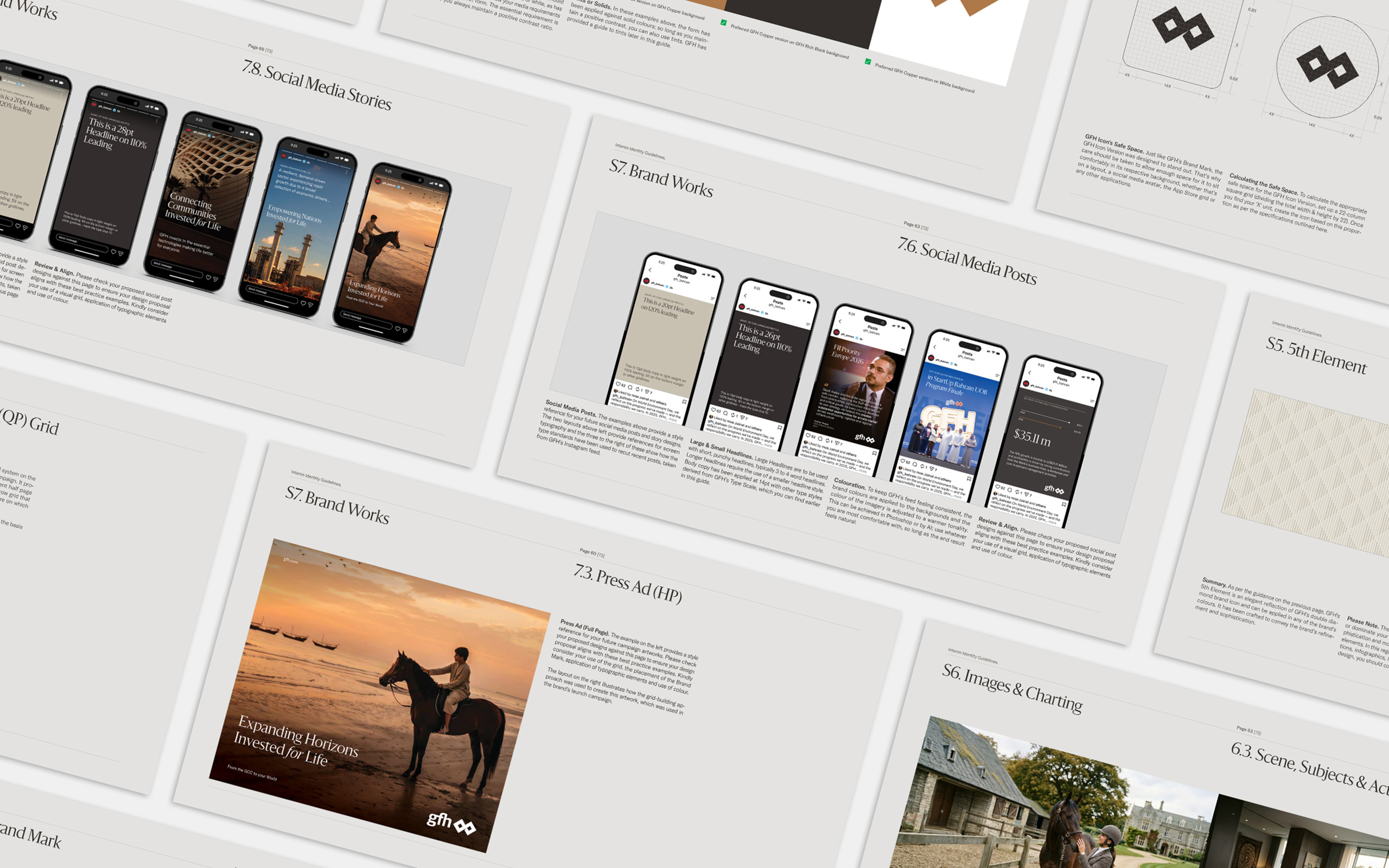 The brand identity and guidelines presented through a range of spreads for GFH