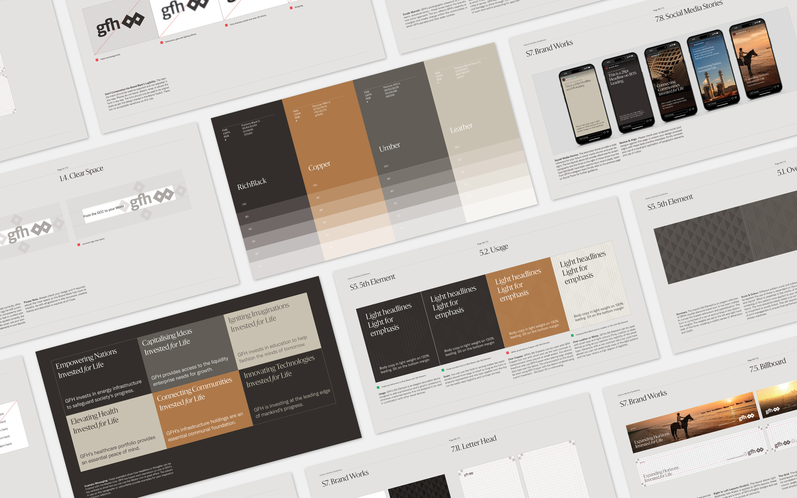 GFH brand guidelines showcased across various spreads