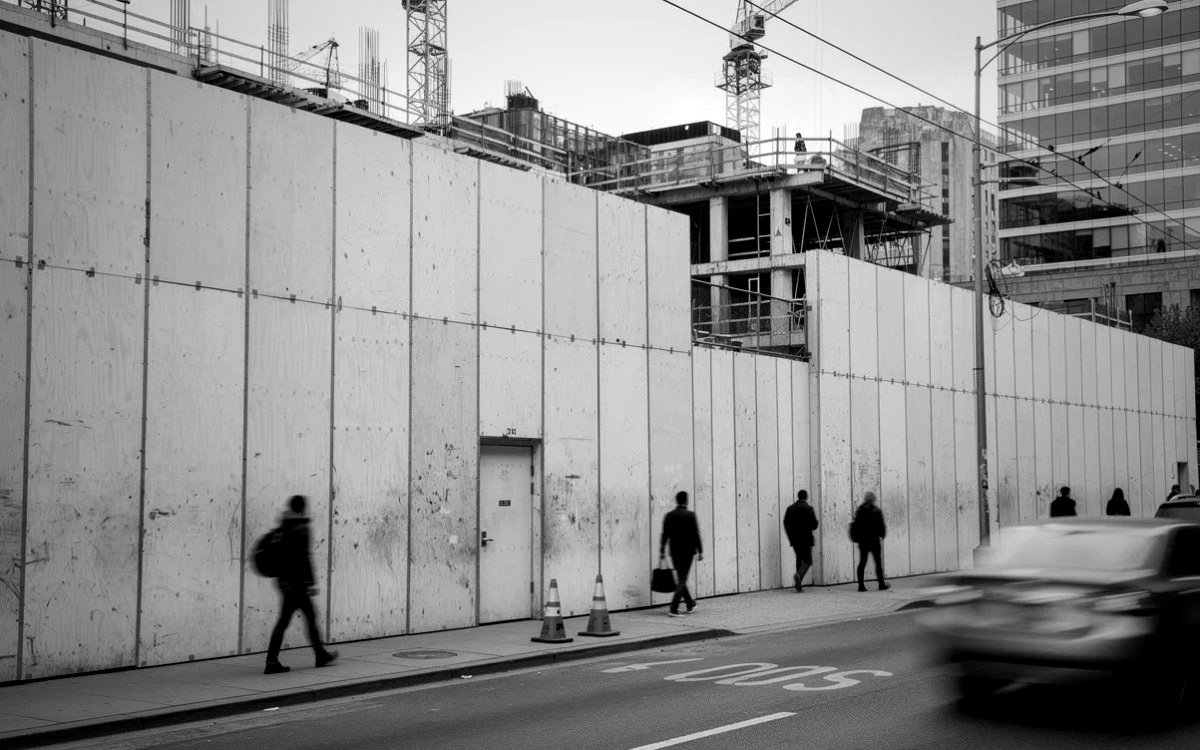Blank construction hoardings around a mall redevelopment site, a reminder that every strategic mall rebrand should be planned before the hoardings go up