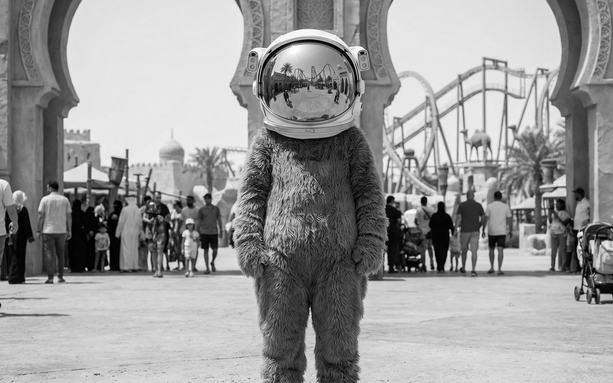Mascot in an astronaut helmet at the gates of a Bahraini-themed park, a reminder that theme park branding is about building a world guests believe in