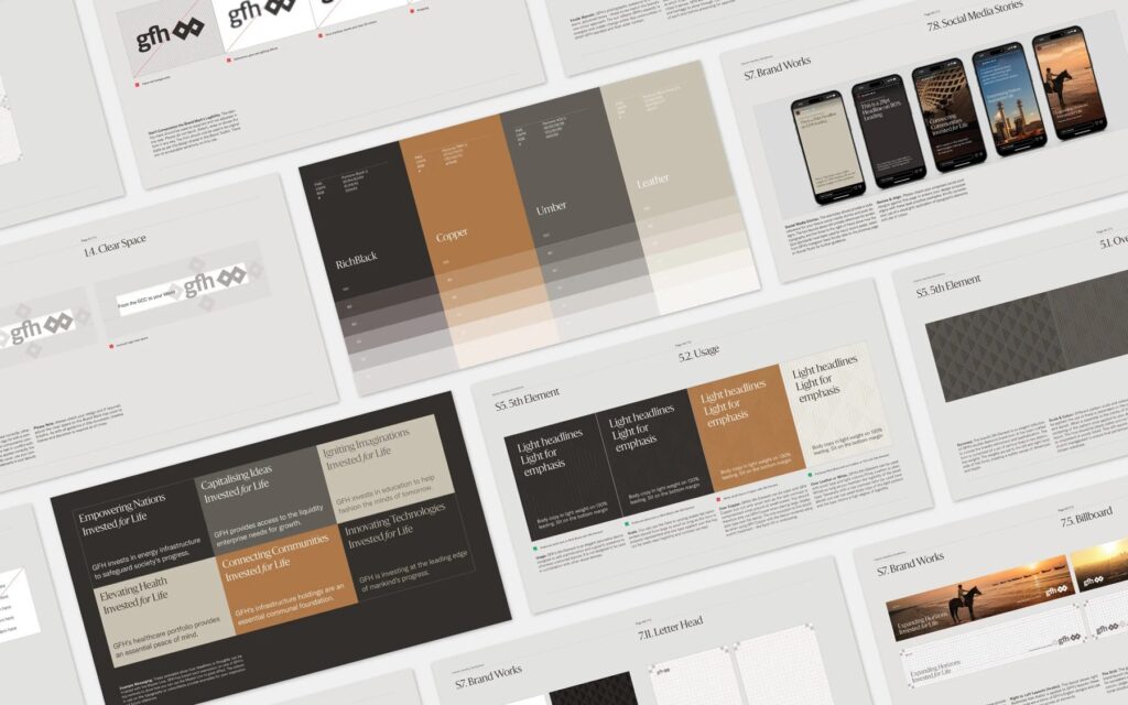 GFH brand guidelines and tools, giving teams the colours, layouts and imagery to stay consistent.