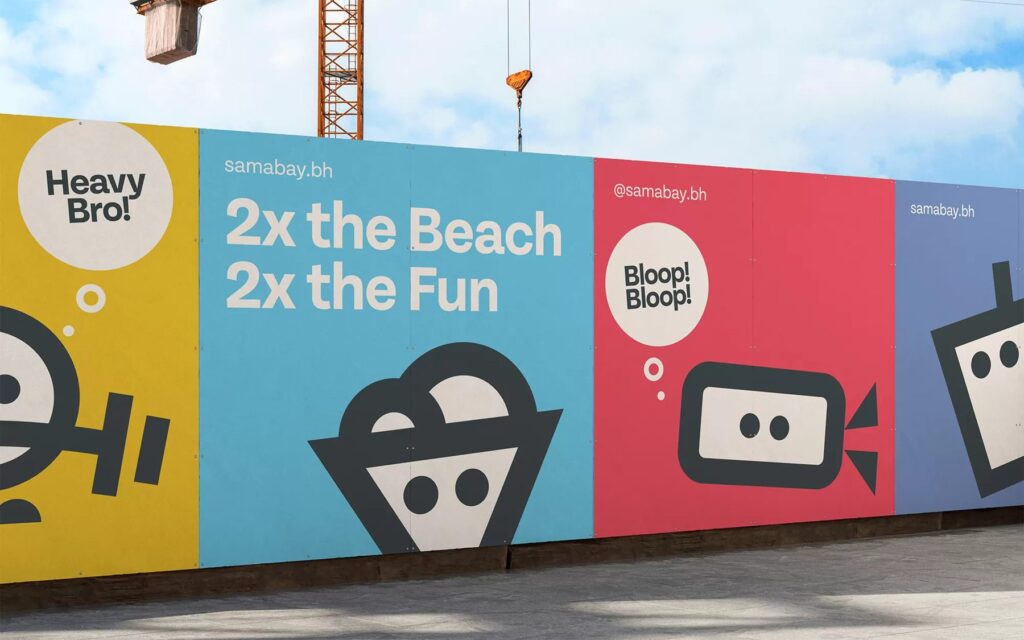 Sama Bay hoardings with bold colour, characterful icons and playful headlines that announce the fun.