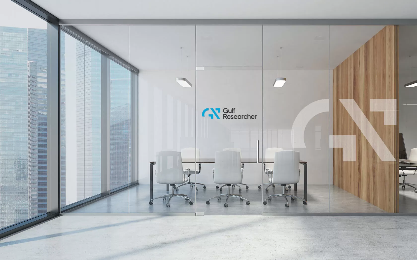 GRE. Brand logo sign on the wall and frosted brand icon on the glass